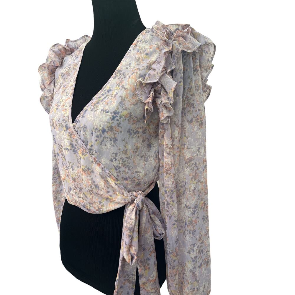 VICI Painted Daisy Chiffon Floral Wrap Blouse Lavender Cropped Size S